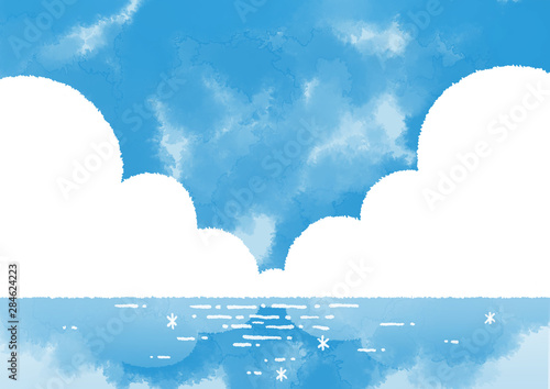 入道雲の浮かぶ空と海 可愛い手描き水彩風 Stock Illustration Adobe Stock