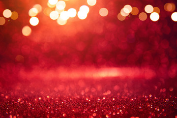 Christmas xmas background red abstract valentine, Red glitter bokeh vintage lights, Happy holiday new year, defocused.