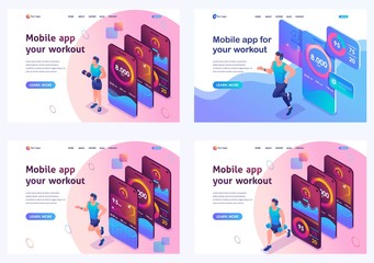 Canvas Print - set isometric landing pages, concepts of using a mobile application to track individual athlete trai