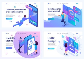 Wall Mural - set isometric landing pages, concept of user interface development, testing and use by users. mobile