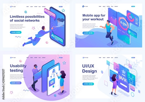 Set Isometric Landing Pages Concept Of User Interface Development Testing And Use By Users Mobile Application For Sports Training Stock Vector Adobe Stock