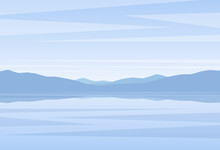 Calm Blue Landscape With Lake Or Bay And Mountains On Horizon