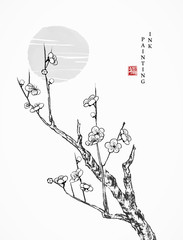 Wall Mural - Watercolor ink paint art vector texture illustration old cherry blossom flower branch tree and sunset. Translation for the Chinese word : Blessing