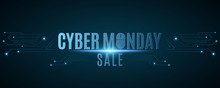Cover for cyber monday sale. Hi-tech background from a computer circuit board. Computer mouse. Glowing neon blue connecting lines with lights. Vector illustration
