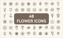 Set Of 48 Flower And Botanical Icons Line Style.  Contains Such Icons As Floral, Nature, Bouquets, Flowers, Bloom, Flowerpot, Botanicals, Rose And Other Elements.  Customize Color, Easy Resize.