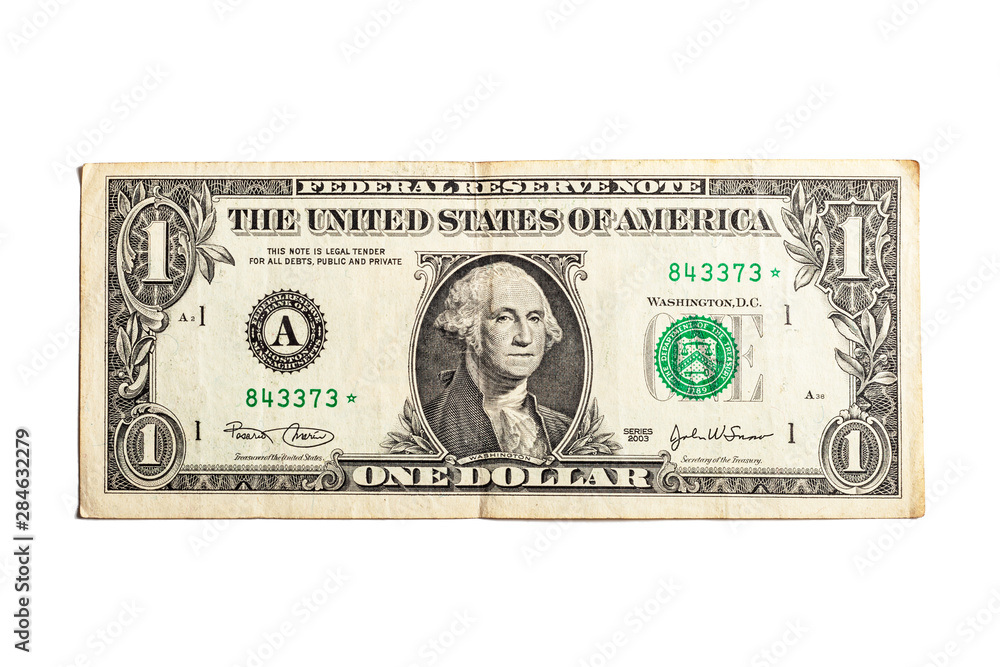 Close up of one US dollar isolate on white background. USA dollar bill. Texture of one US dollar banknote. - obrazy, fototapety, plakaty 