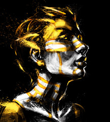 Portrait of a woman with a gold pattern on her face and glowing yellow eyes. 2D Illustration