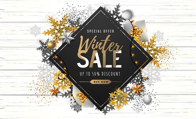 Wall Mural - Winter poster with golden Christmas snowflakes and presents. Winter big sale poster. Wiinter background