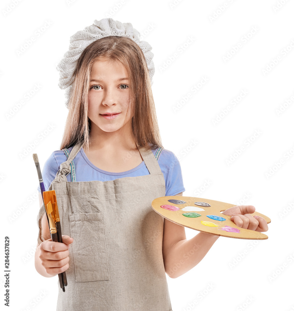 Cute little artist on white background