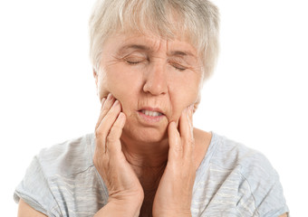 Sticker - Senior woman suffering from toothache against white background