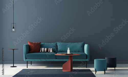 Fotografía Living room in blue with terracotta tables. 3d render