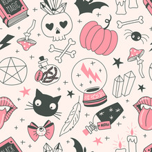 Black Magic Hand Drawn Vector Seamless Pattern. Crystal Ball, Bottles With Poison, Worms, Skull, Black Cat On Pastel Background. Witching Stuff Wrapping Paper, Wallpaper Modern Textile Design