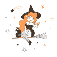 Wall Mural - Witch drinking cocktail flat vector illustration. Sorceress and cat sitting on broom isolated cartoon character on starry white background. Pinup girl, halloween holiday celebration design element