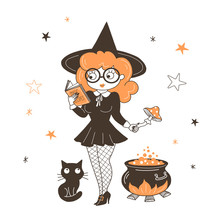 Witch Brewing Potion Flat Vector Illustration. Wizard In Glasses Reading Book With Magic Recipes Isolated Cartoon Character On Starry White Background. Black Cat Sitting Near Cauldron Design Element