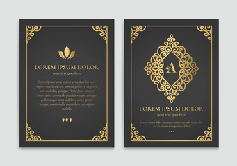 Gold vintage greeting card design with a black background. Luxury vector ornament template. Mandala. Great for invitation, flyer, menu, brochure, wallpaper, decoration, or any desired idea.