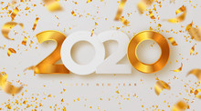 Merry Christmas And Happy New Year 2020 Banner With Golden Luxury Numbers And Serpentine. Gold Festive Numbers Design. Vector Illustration