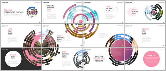 Wall Mural - Minimal presentations design, portfolio vector templates with gray colorful circle elements on white background. Multipurpose template for presentation slide, flyer leaflet, brochure cover, report.