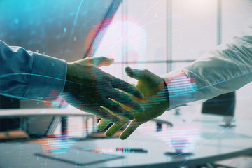 Double exposure of hacking theme hologram on office background with two men handshake. Concept of data security