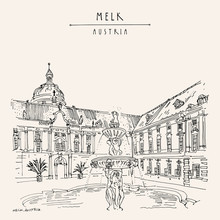 Melk, Lower Austria. Austria, Europe. Fountain At Prelate's Courtyard In Melk Benedictine Abbey. Hand Drawing. Travel Sketch. Vintage Touristic Postcard, Poster, Brochure Or Book Illustration. Vector