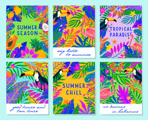 Set of summer vector illustration with bright tropical leaves,flamingo,toucan and exotic fruits.Multicolor plants.Exotic backgrounds perfect for prints,flyers,banners,invitations,social media.