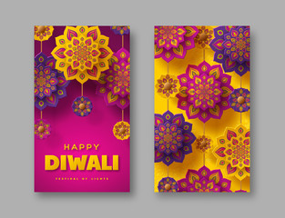 Wall Mural - Diwali festival of lights holiday posters. Typographic design with hanging paper cut Indian Rangoli. Purple and yellow background. Vector illustration.