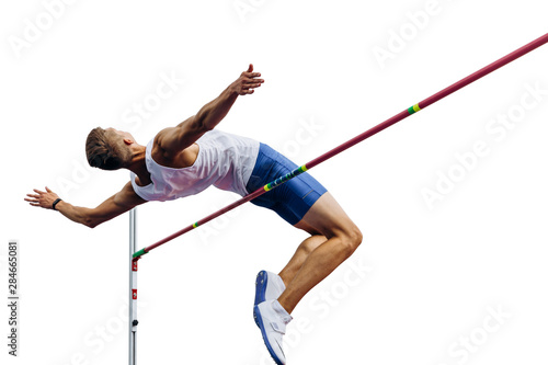 Fotomural high jump athlete jumper over bar isolated on white background