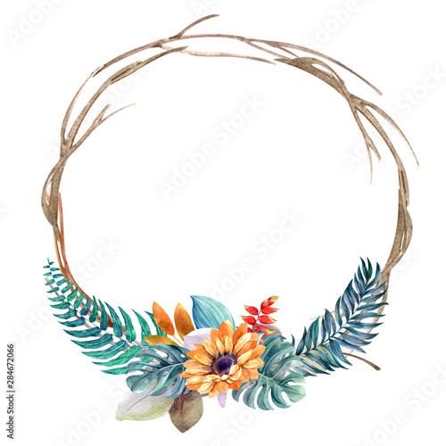 watercolor flowers. floral illustration, Leaf, Botanic composition for weddin...