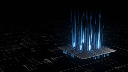 Wall Mural - 3d rendering of digital binary data on microchip with glow circuit board background. concept of for 