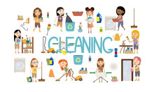 Set Cute Girls Doing Housework. Girls Throw Out Garbage, Wash Dishes, Wash Clothes In A Washing Machine, Vacuum Clean, Iron Clothes, Wipe Mirrors, Water Flowers And Do Cleaning. Flat Cartoon Vector