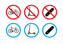 Vector Flat Set Collection Of Road Signs With Scooter, Skateboard And Bicycle Isolated On White Background