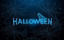 Halloween. Vector Illustration With Blue Spider Web And Ghosts. Spooky Night Background
