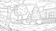 Coloring book landscape with house. Hand draw vector illustration.