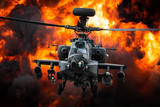A AH-64 Apache attack helicopter in front of a large explosion.