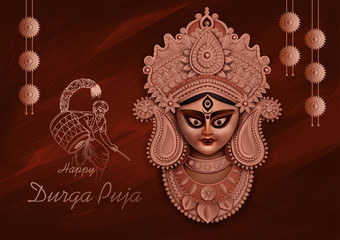 Sticker - illustration of Goddess Durga Face in Happy Durga Puja Subh Navratri Indian religious header banner background