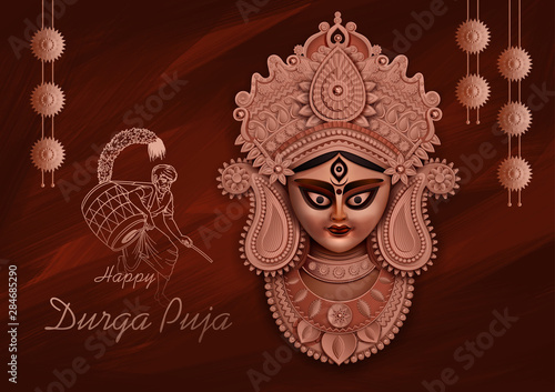 Illustration Of Goddess Durga Face In Happy Durga Puja Subh