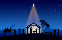 Christmas Nativity Scene Black Silhouette On Blue Background