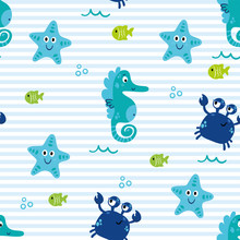 Cute Sea Vector Animals Underwater.  Cartoon Seamless Pattern On A Color Background. It Can Be Used For Backgrounds, Surface Textures, Wallpapers, Pattern Fills
