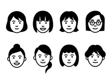 Set Of Young Women Faces On White Background. Vector Illustration.