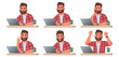 Stages of doing work on a laptop. A bearded man works at a computer. The working process