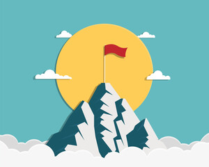 A red flag on top of mountain with the sun and cloud on sky