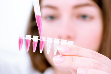 Wall Mural - Young woman fill PCR microtubes with dispenser