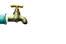 Dripping Old Brass Water Tap Isolated On White Background, With Clipping Path , Water Drops, Exterior, Day. Water