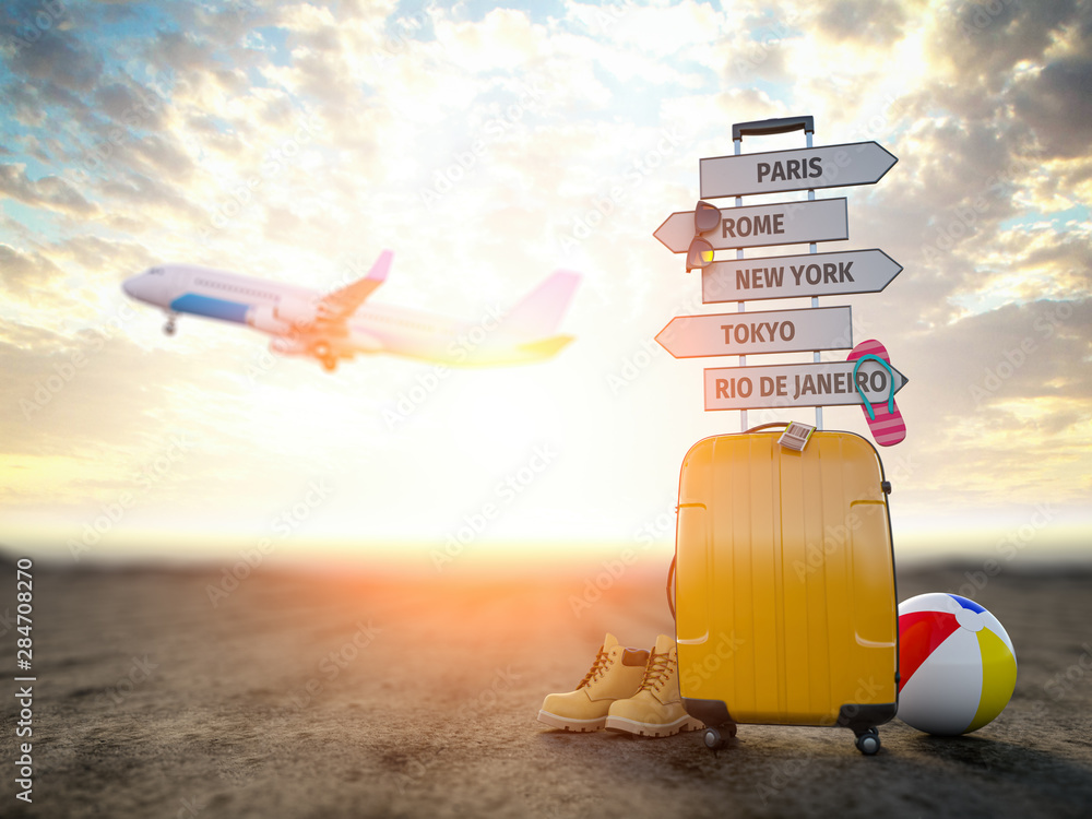 Yellow suitcase and signpost with travel destination, airplane.Tourism and  travel concept background. - obrazy, fototapety, plakaty 