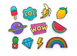 Enamel pin, clothing patch, pin, patches, badges and stickers set. 80s-90s style. Vector illustration