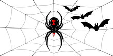 Spider Black Widow, Cobweb, Bats. Red Black Spider 3D, Spiderweb, Isolated White Background. Scary Halloween Decoration Web. Symbol Networking, Animal Arachnid, Creepy Insect Fear. Vector Illustration