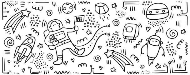 Wall Mural - Astronaut doodle print. Set of space objects and symbols. Planets and ships. Space doodles. Future concept with astronaut, planets,spaceships. Universe concept - vector.