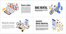 Rent A Bike Banner Set. Isometric Set Of Rent A Bike Vector Banner For Web Design