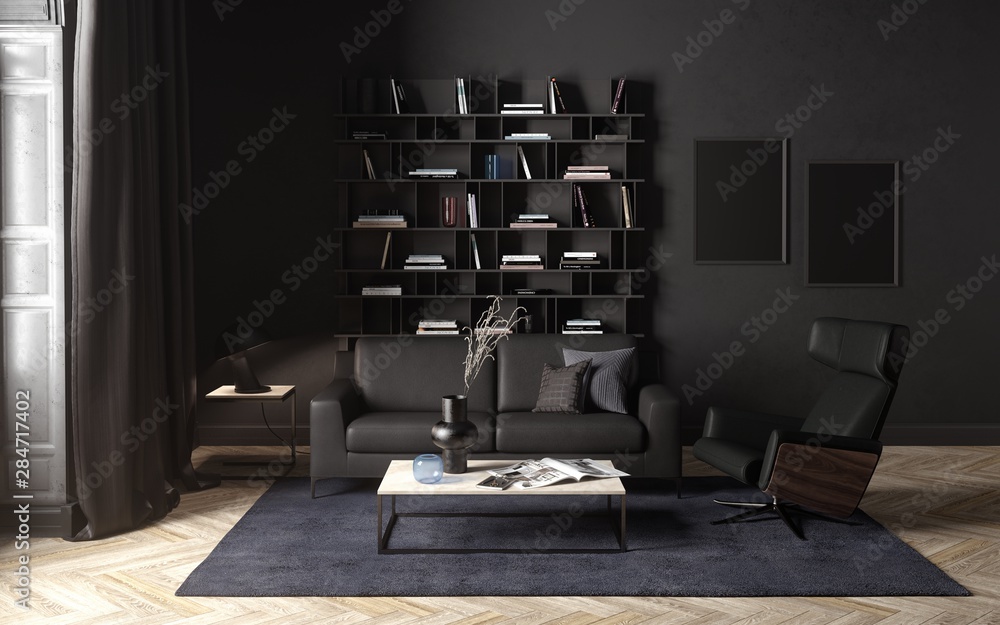 Dark living room interior with a leather sofa, seat and coffee table ...