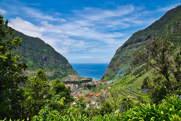 Sao Vicente best panoramic viewpoint from the church Capelinha N. S. Fatima to Encumeada pass in the island of Madeira, Atlantic ocean, Portugal in summer sunny day