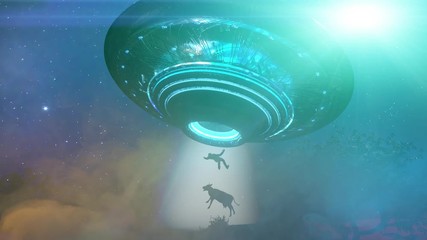 Wall Mural - Man and floating to inside of ufo alien ship.   Concept of alien abduction 3d render